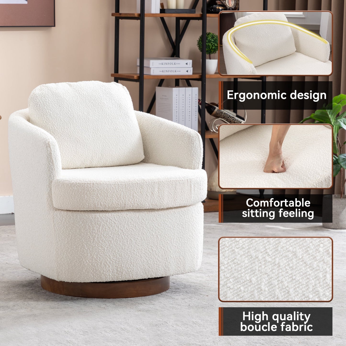 Muumblus Boucle Swivel Accent Barrel Chair, Living Room Leisure Comfy Armchair for Bedroom, Ivory