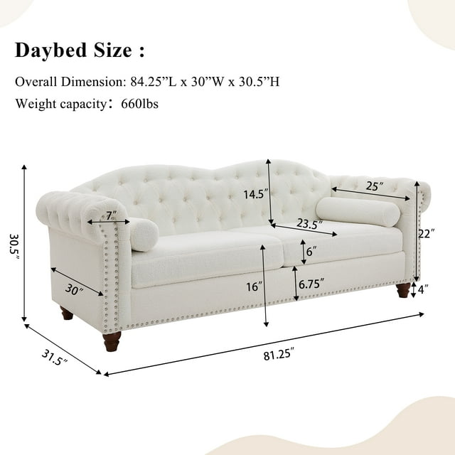 Muumblus 3 Seater Sofa, Chesterfield Sofa with Nailhead Accent Scrolled Arms, 81" Tufted Upholstered Sofa Couch for Living Room, White, Sherpa