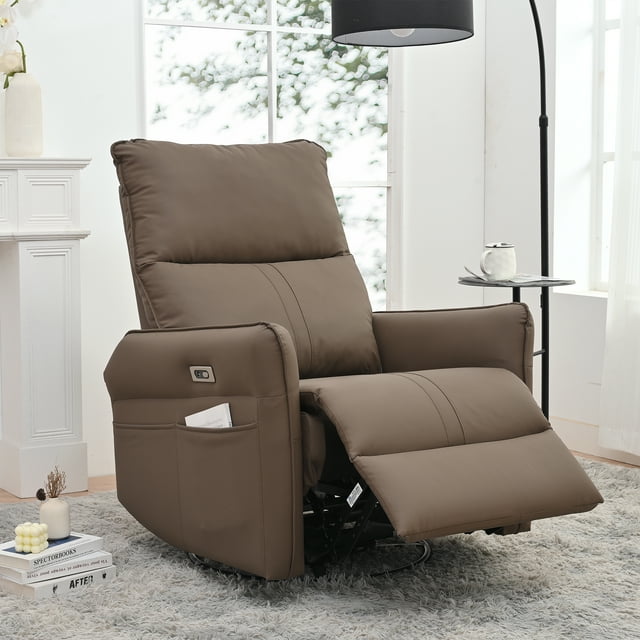 Muumblus Power Swivel Glider Rocker Recliner in Brown Faux Leather