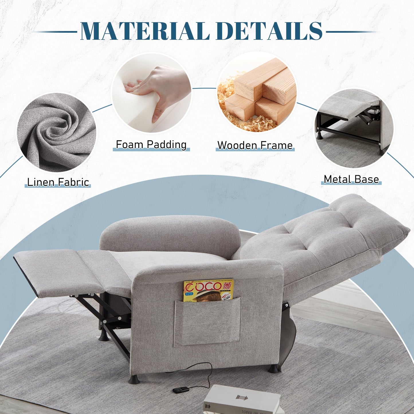 Muumblus High Back Power Recliner Sleeper Chair for Living Room, Bedroom, Light Gray Linen