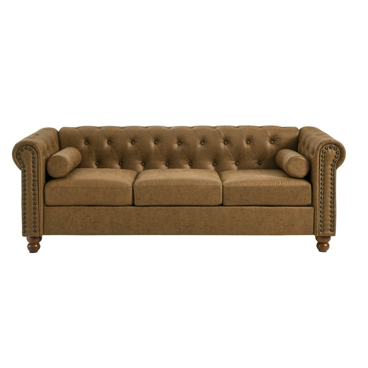 Muumblus 3-Seater Sofa for Living Room, 80.3" Chesterfield Tufted Sofa Couch, Brown Faux Leather