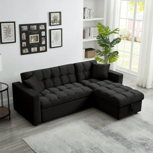 Muumblus 84" Convertible Sofa Bed, Pull Out Sofa Bed, Modern Tufted Sectional Sleeper Sofa with Storage Chaise, L Shaped Sofa Couch for Living Room, Black Velvet