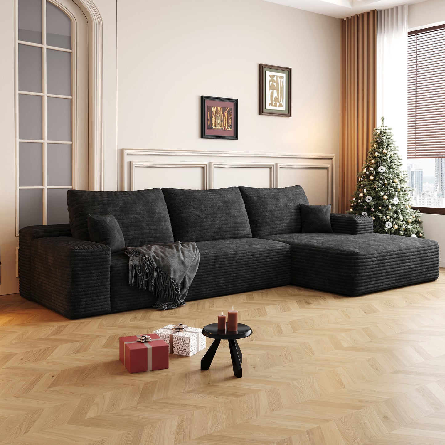 Muumblus 107" Cloud Sectional Sofa with Left Chaise, Cozy L-Shaped Modular Sofa, Plush Corduroy Sleeper Bed Couch, No Assembly Required, Black