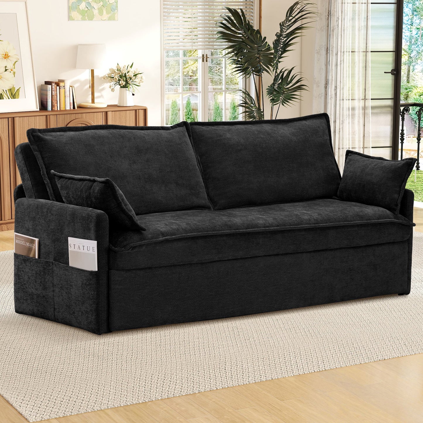 Muumblus Futon Sofa Bed, Convertible Couch Bed with USB, Corduroy Loveseat Sleeper for Small Spaces, Beige
