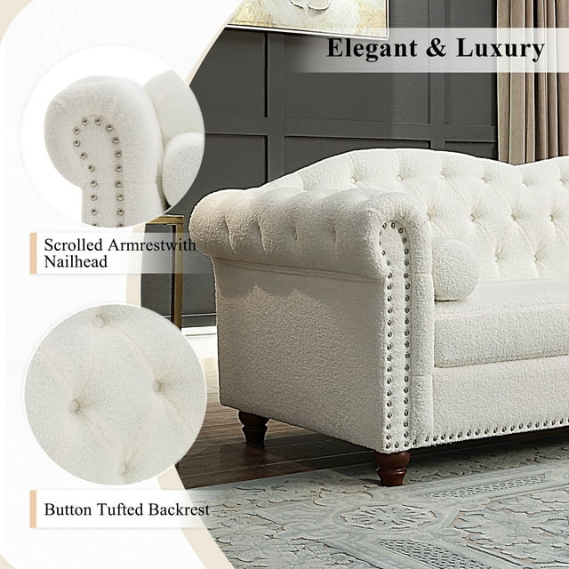 Muumblus 3 Seater Sofa, Chesterfield Sofa with Nailhead Accent Scrolled Arms, 81" Tufted Upholstered Sofa Couch for Living Room, White, Sherpa