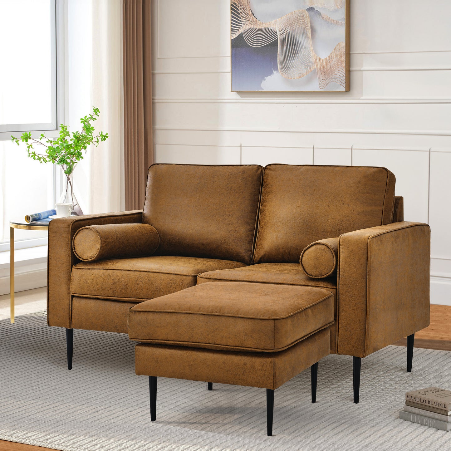 Muumblus Living Room Sectional Sofa with Chaise, L-Shaped Small Couch with Ottoman, Brown Faux Leather
