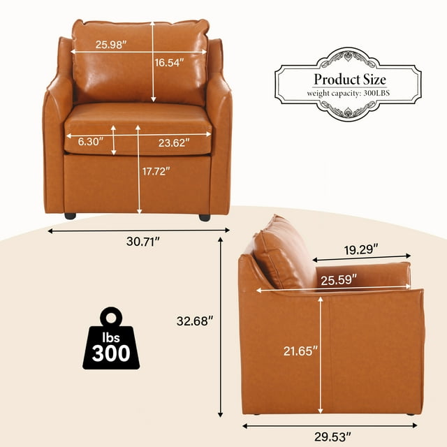 Muumblus 30.7"W Modern Mid-Century Faux Leather Single Sofa Accent Chair for Living Room, Brown