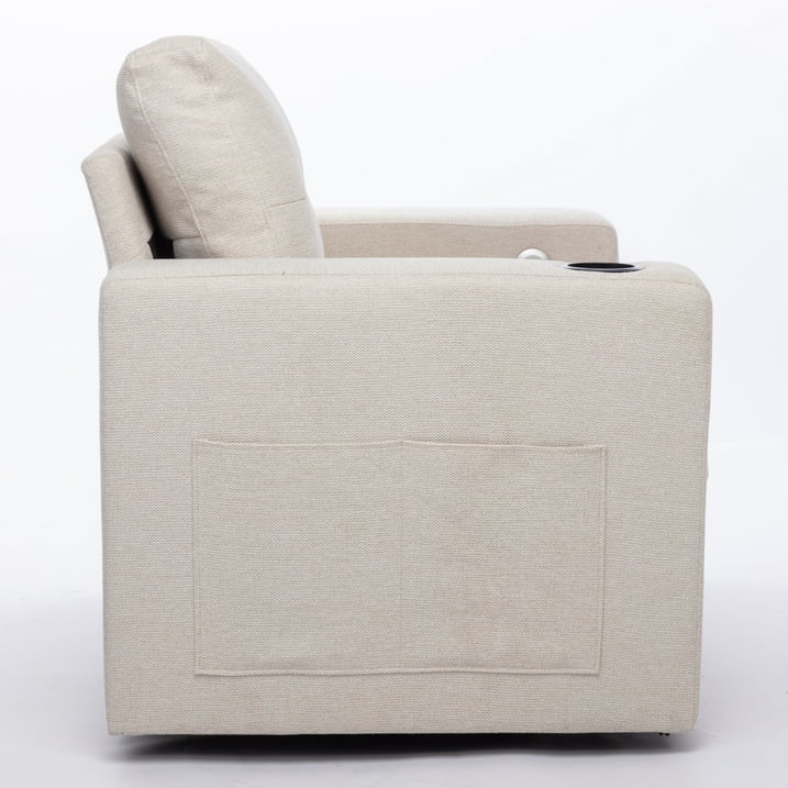 Muumblus Oversized Swivel Accent Chair for Living Room Bedroom, Leisure Single Sofa Armchair with USB Charging Port and Cup Holder, Beige Fabric
