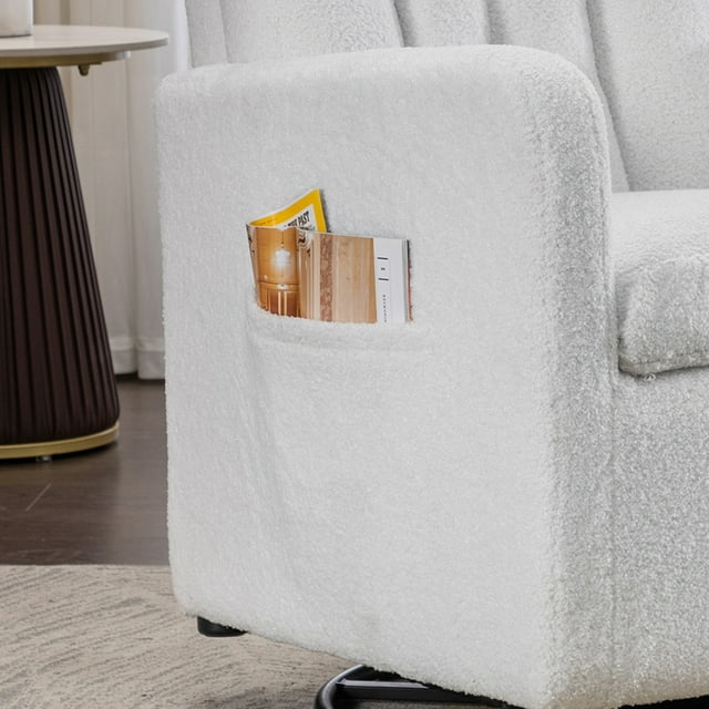 Muumblus Teddy Swivel Rocking Chair for Baby Nursery, Tall Back Glider Rocker with Pocket, White