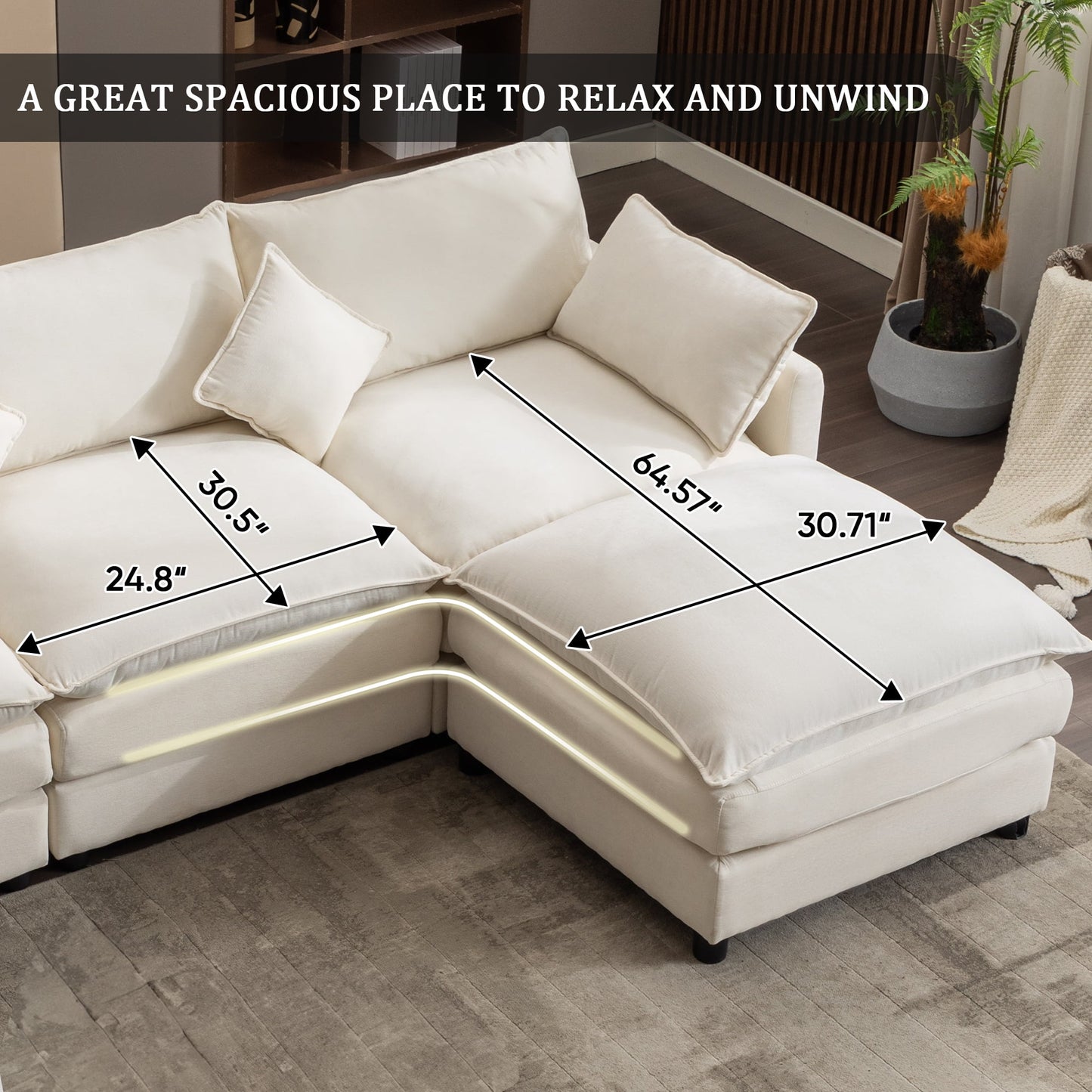 Muumblus Sectional Sofa Cloud Couch with Reversible Ottoman, L-Shaped Chenille Sofa for Living Rooms, Beige