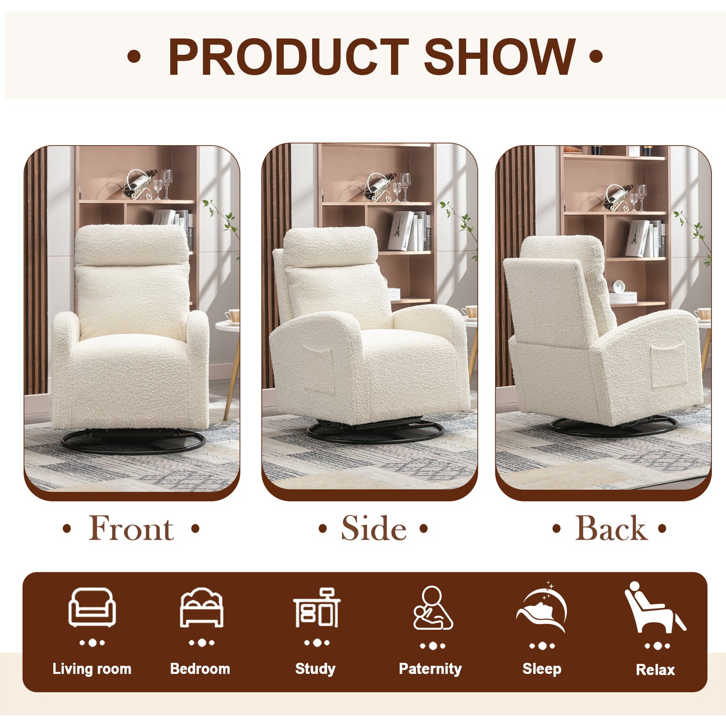 Muumblus Swivel Glider Rocker, Modern Teddy High Back Rocking Chair for Living Room, White
