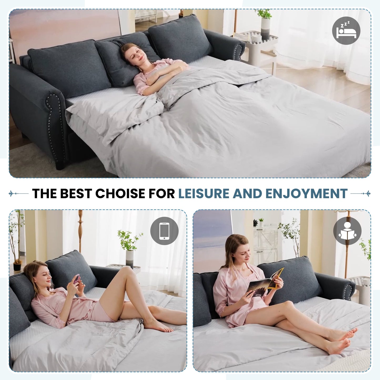 Muumblus Queen Size Pull Out Sofa Bed, 2-in-1 Convertible Sleeper Couches with Memory Foam Mattress, 3 Seat Sleeper Couch Beds for Living Room, Dark Gray