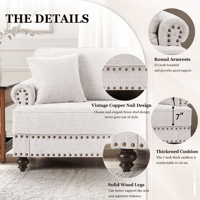 Muumblus 2 Pieces Chenille Living Room Sets, 2 Seater Loveseat Sofa and 3 Seater Sofa Couch, Mid-Century Sofa Sets with Nailhead, White