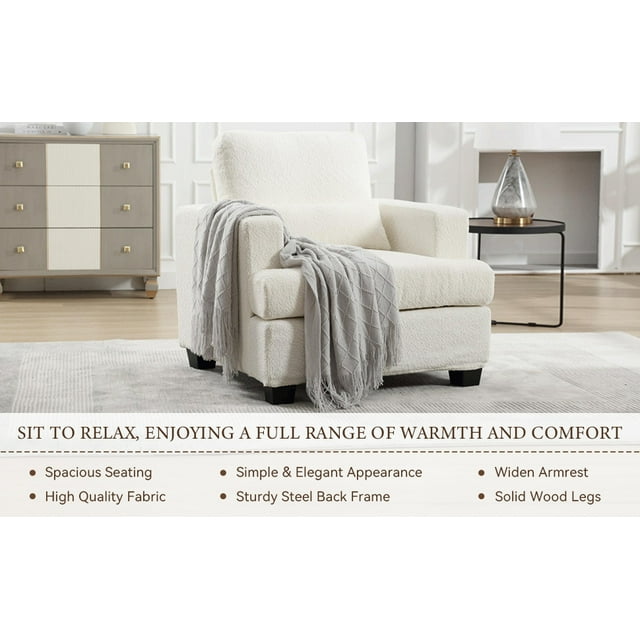 Muumblus Modern Single Sofa Chair, 37" Small Couch with 1 Waist Pillow, Removable Back Cushion, Living Room Set, White Fabric