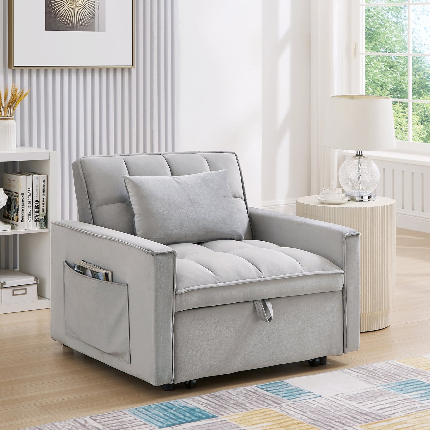 Muumblus 3-in-1 Convertible Sleeper Sofa Chair Bed for Adult, Lounge Chair Indoor, Modern Single Couch for Living Room, Small Spaces, Gray Velvet