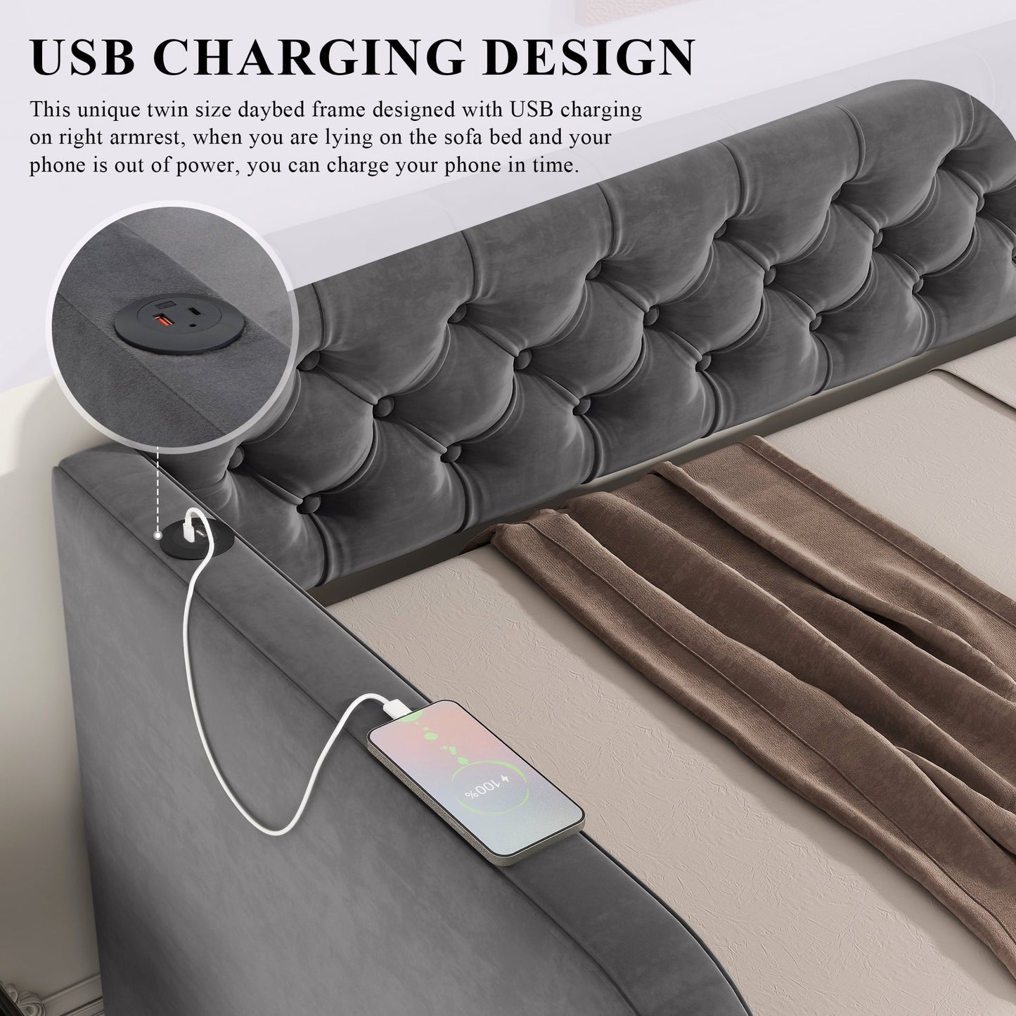 Muumblus Twin Size Daybed with Trundle Bed with USB Ports, Modern Velvet Tufted Bed Frame for Bedroom, Not Box Spring Required, Dark Gray