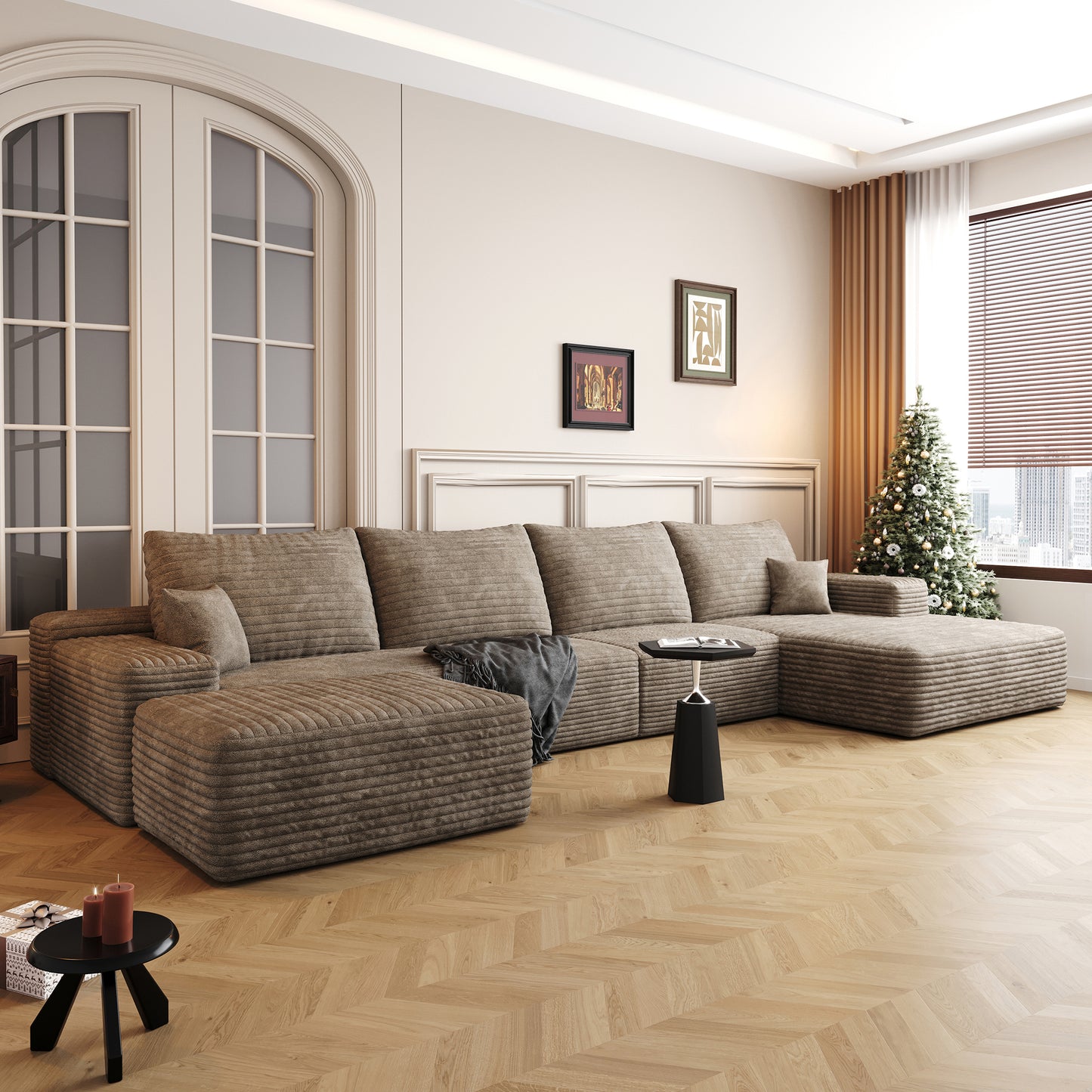 Muumblus 135" Cloud Sectional Sofa with Left Chaise, Cozy U-Shaped Modular Sofa with Ottoman, Plush Corduroy Sleeper Bed Couch, No Assembly Required, Black