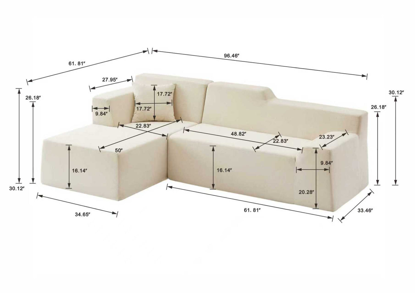 Muumblus 96.5" Cloud Sectional Sofa with Left Chaise, Cozy High-Back L-Shaped Modular Couch, No Assembly Boneless Sofa for Living Room, Apt., Black Corduroy