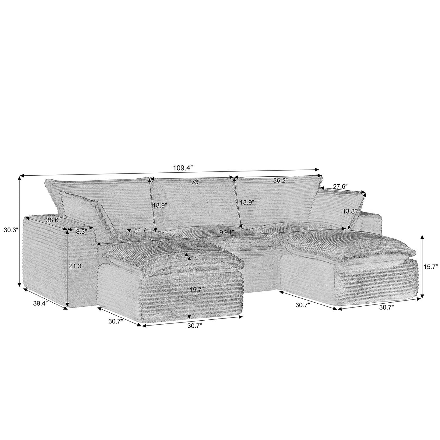 Muumblus 109" Modular Sectional Sofa with 2 Movable Ottoman,Oversized Boneless Deep Seat U-Shaped Cloud Couch, No Assembly Corduroy Living Room Sofa, Black