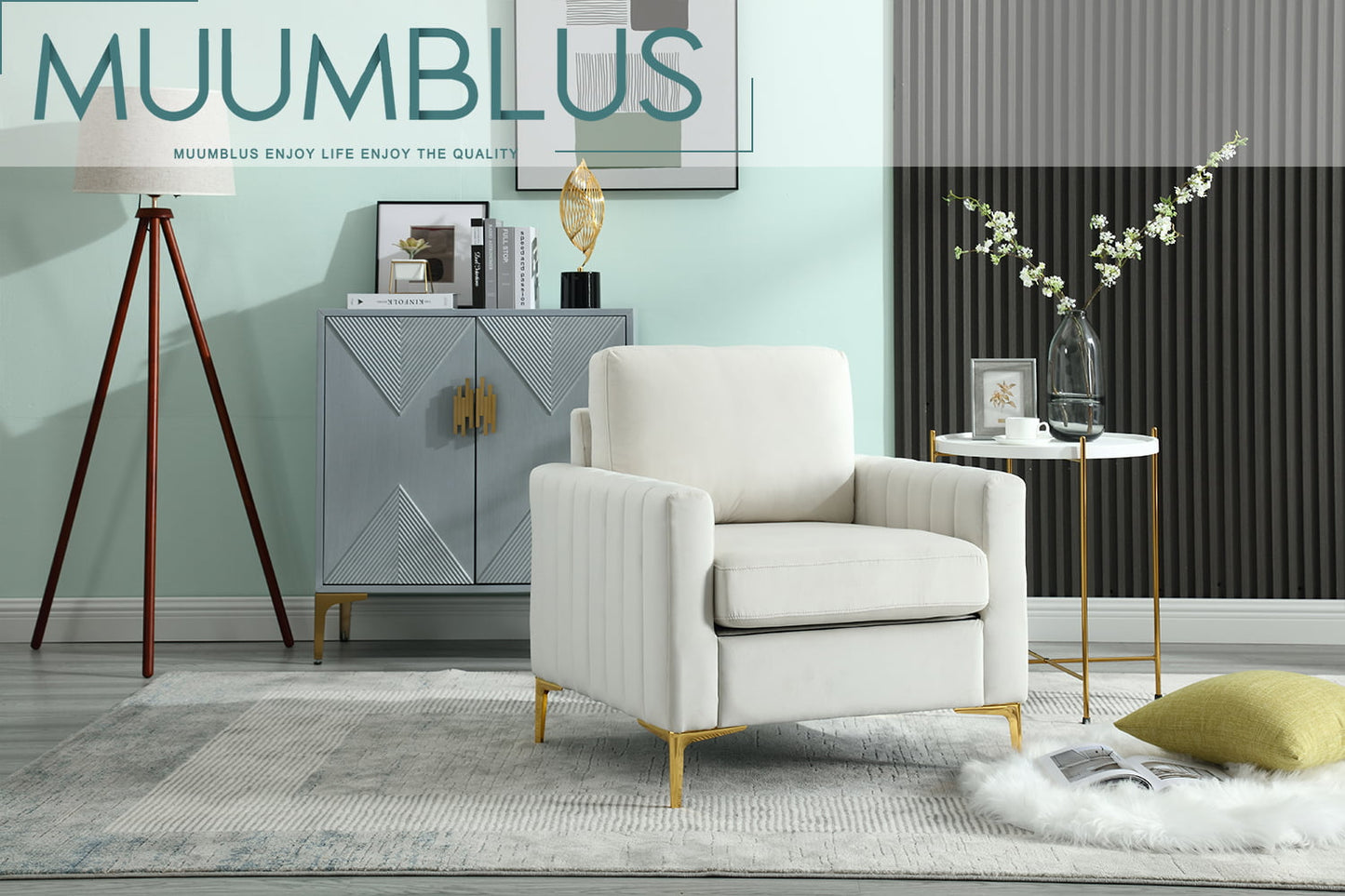 Muumblus Single Sofa Chair, Modern Adult Velvet Upholstered Accent Chair with Metal Legs, Comfy Armchair for Living Room Bedroom Study