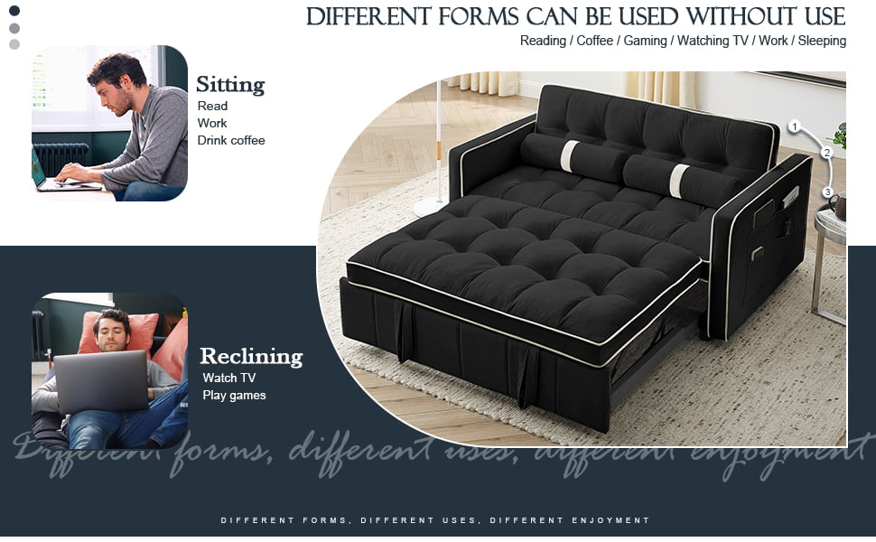 Muumblus 55.5" Pull Out Sleep Sofa Bed 2 Seater Loveseats Convertible Futon Sofa Bed with Adjsutable Backrest, Modern Velvet Sofa Couch for Living Room, Black