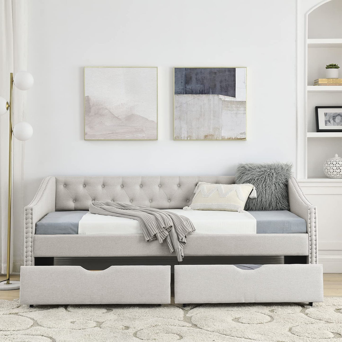 Muumblus Full Size Adult Daybed with Drawers, Modern Upholstered Tufted Sofa Bed for Bedroom & Living Room, Button Back and Waved Shape Arms, Gray