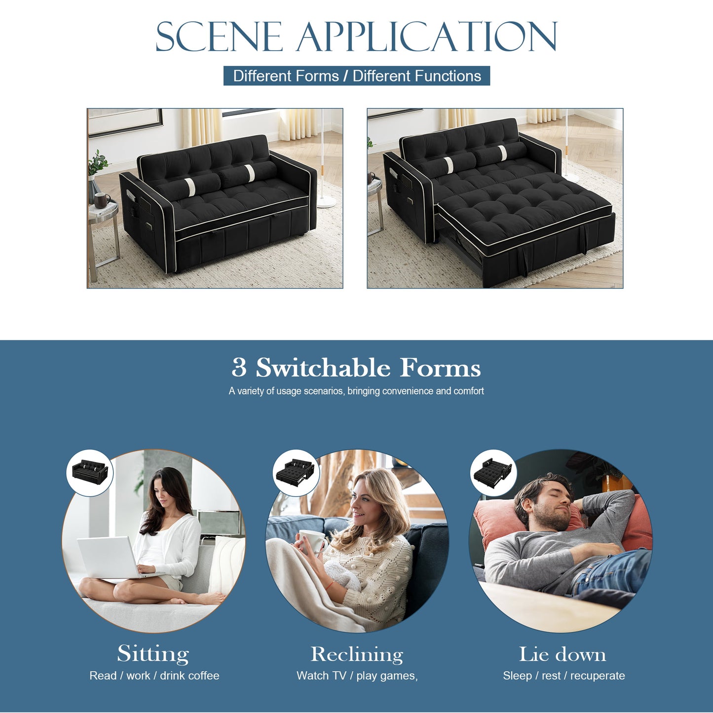 Muumblus 55.5" Pull Out Sleep Sofa Bed 2 Seater Loveseats Convertible Futon Sofa Bed with Adjsutable Backrest, Modern Velvet Sofa Couch for Living Room, Black