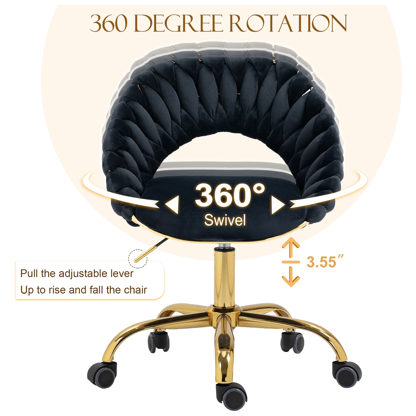 Muumblus Home Office Chair, Modern Woven Velvet Mid Back Armless Adjustable Swivel Task Chair for Small Space, Living Room, Make Up, Study, Beige