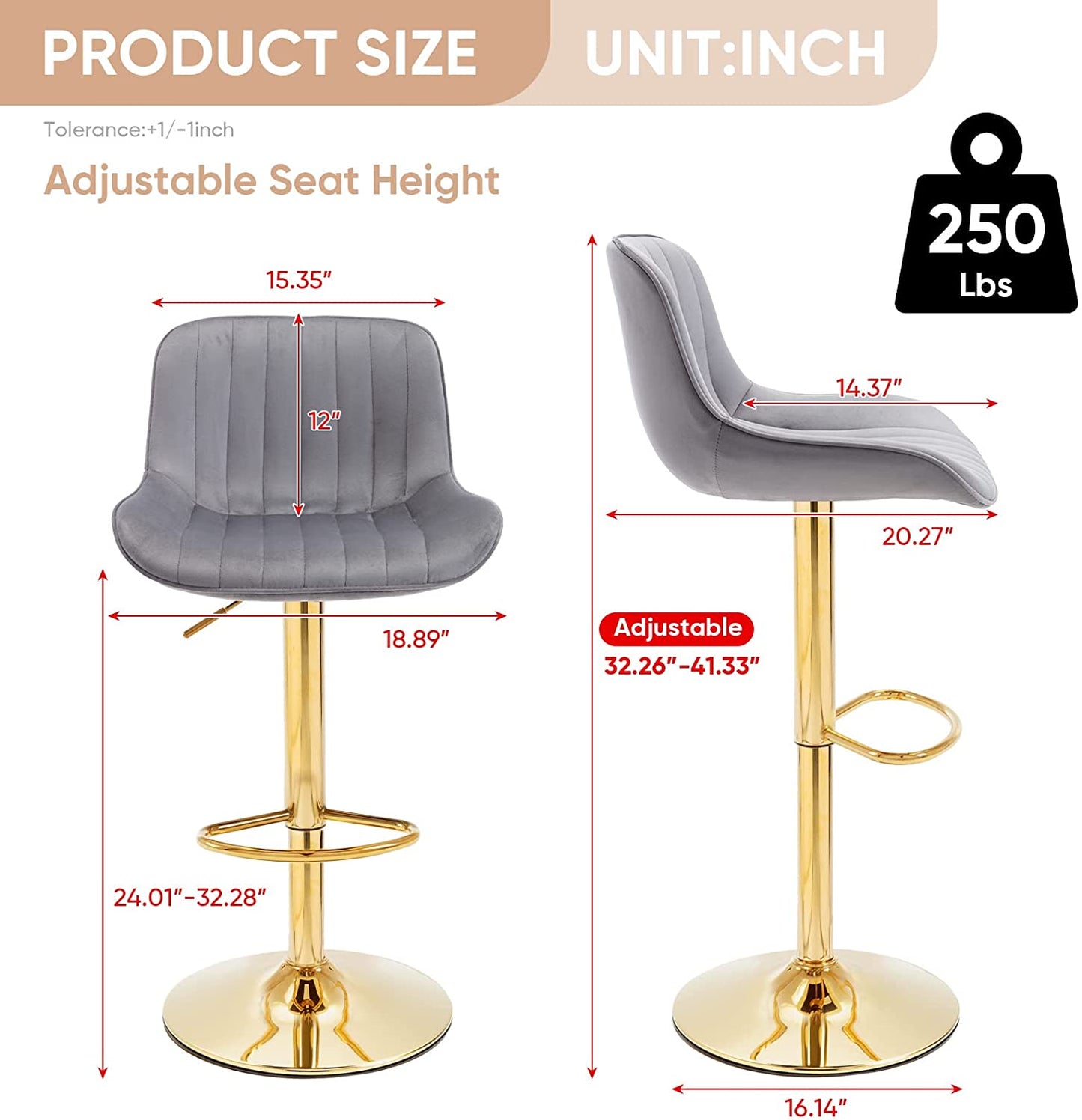 Bar Stools Set of 2, Muumblus Morden Velvet Counter Bar Height Stools with Shell Back, Adjustable 360 Degree Swivel Bar Chairs for Home, Kitchen Island