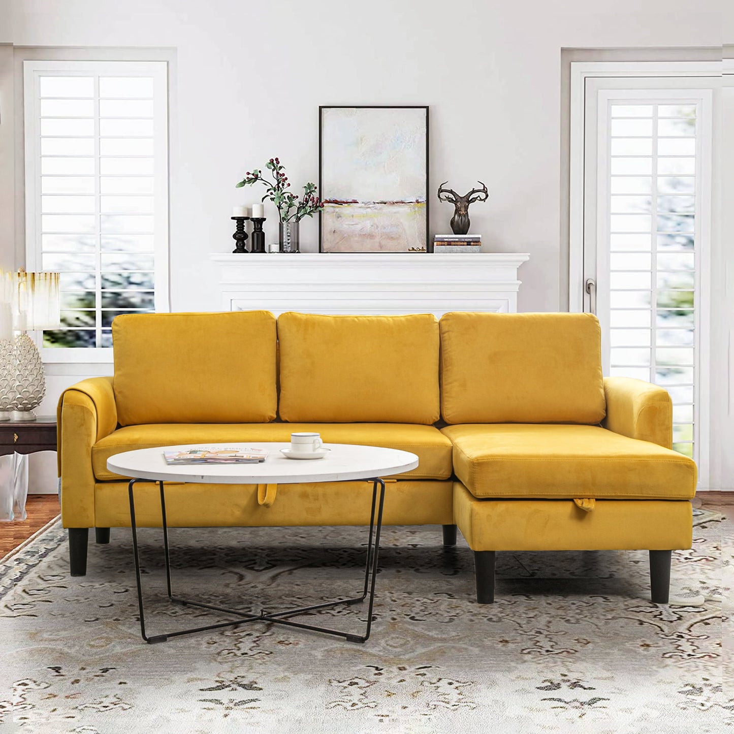Muumblus Sectional Sleeper Sofa with Pull Out Bed, Modern Sectional Sofa with Storage Shaise, Queen Size Pull Out Sofa Bed for Living Room, Yellow Fabric