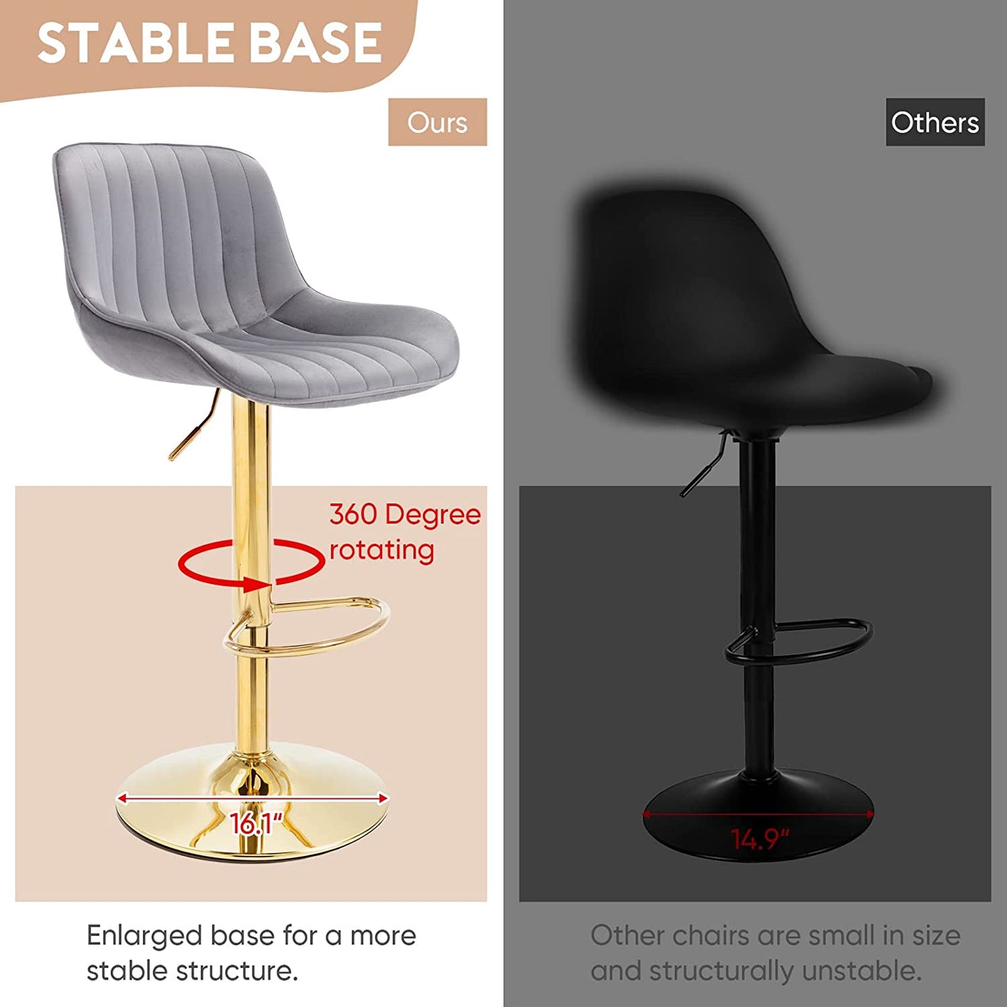 Bar Stools Set of 2, Muumblus Morden Velvet Counter Bar Height Stools with Shell Back, Adjustable 360 Degree Swivel Bar Chairs for Home, Kitchen Island