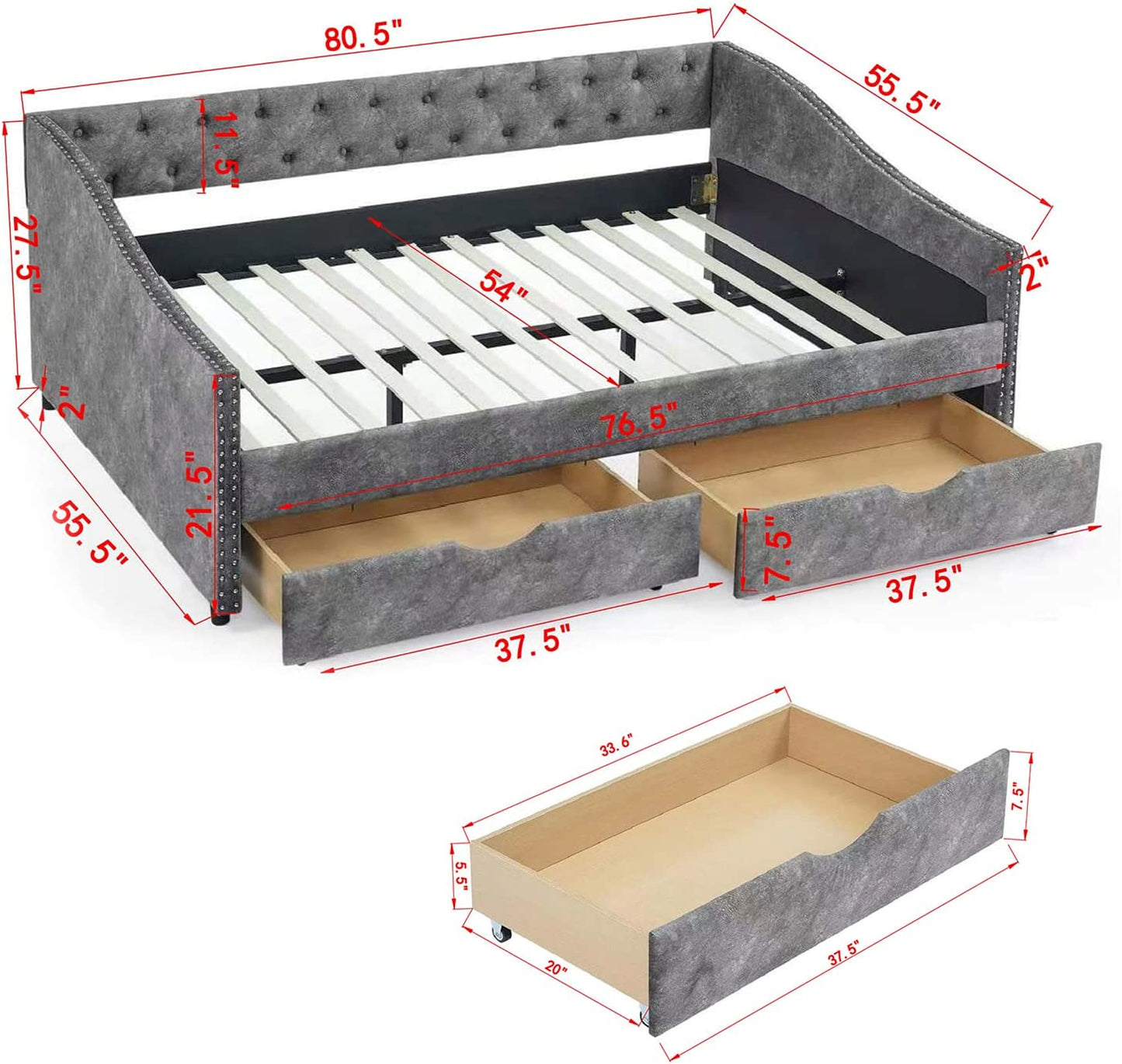 Muumblus Full Size Adult Daybed with Drawers, Modern Upholstered Tufted Sofa Bed for Bedroom & Living Room, Button Back and Waved Shape Arms, Gray