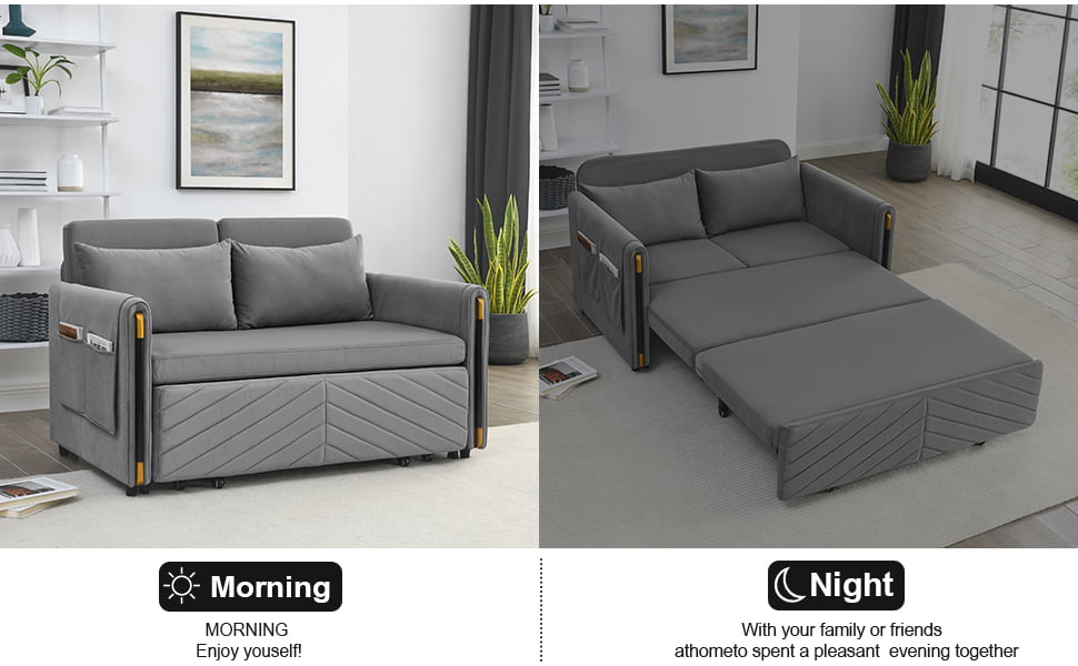 Muumblus 54" Pull Out Sleeper Sofa, Modern Velvet Convertible Loveseat Sleeper with Pull Out Bed for Living Room, Grey