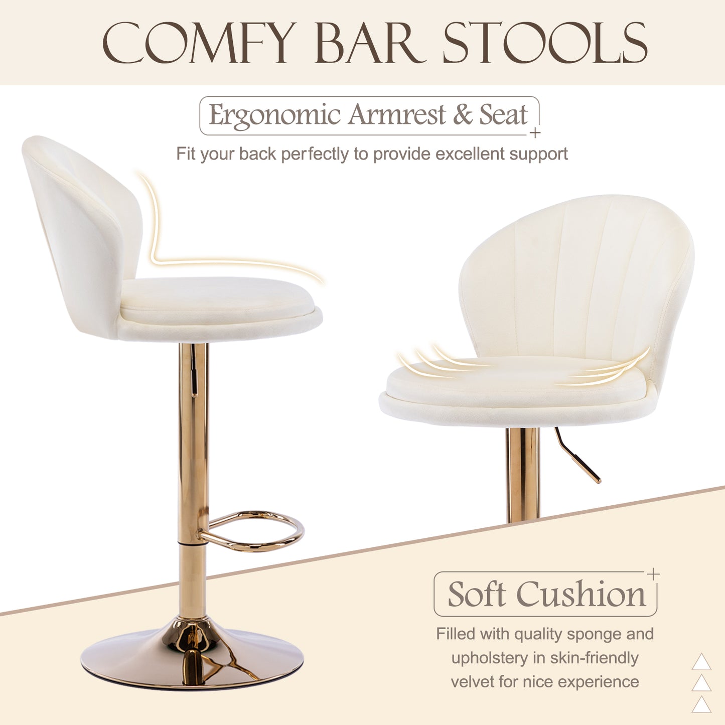 Muumblus Swivel Bar Stools for Kitchen Island, Full Back Modern Velvet Counter Height Adjustable, Set of 2