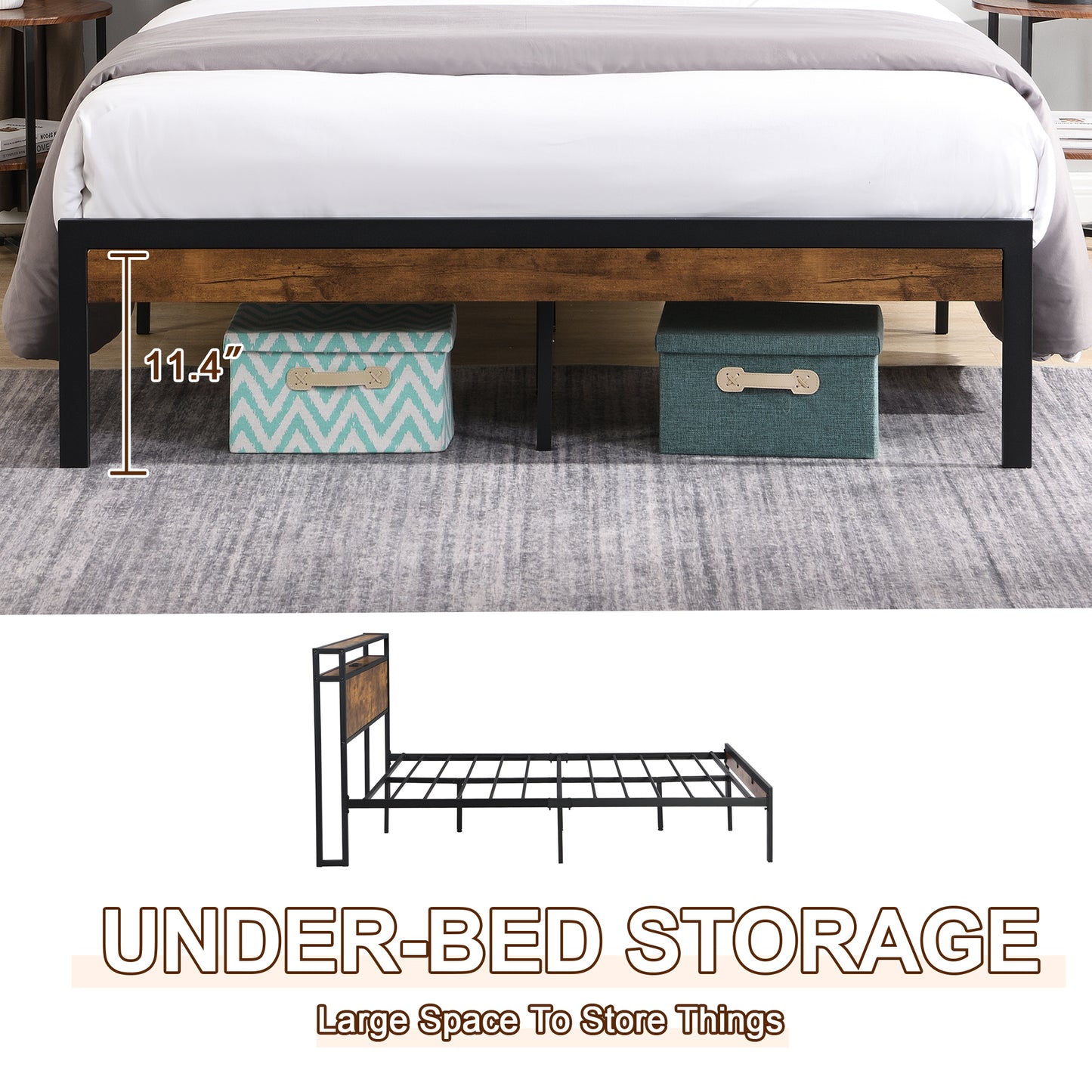 Muumblus Industrial Platform Bed with Charging Station, 2 Tier Storage Headboard, Dark Brown Wood
