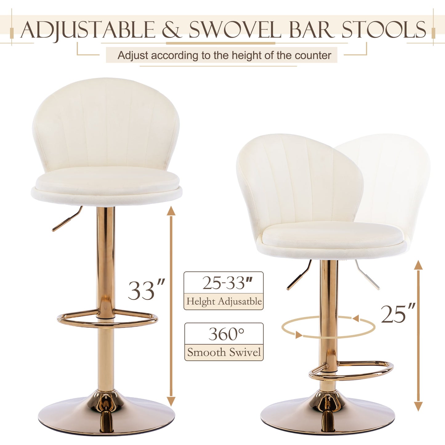 Muumblus Swivel Bar Stools for Kitchen Island, Full Back Modern Velvet Counter Height Adjustable, Set of 2