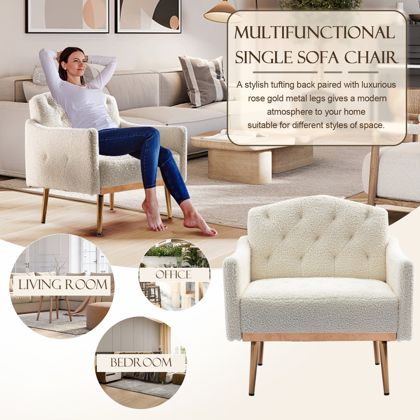 Muumblus Modern Accent Chair, Upholstered Single Sofa Chair Sherpa Arm Chair for Living Room and Bedroom