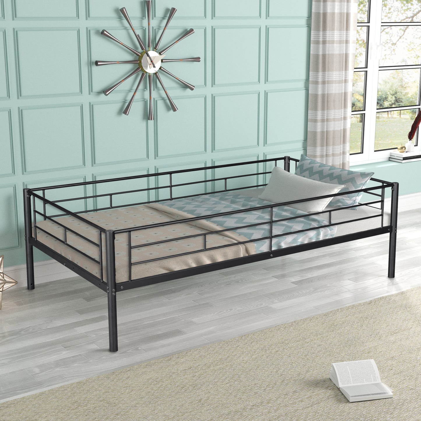 Muumblus Twin Over Twin Bunk Bed with Trundle, Metal Bed Frame with Safety Guard Rail and Ladders, Space Saving Design Bedroom Bunk Bed for Kids and Adults, M925