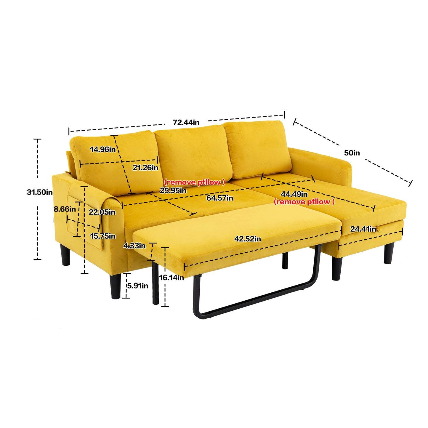 Muumblus Sectional Sleeper Sofa with Pull Out Bed, Modern Sectional Sofa with Storage Shaise, Queen Size Pull Out Sofa Bed for Living Room, Yellow Fabric