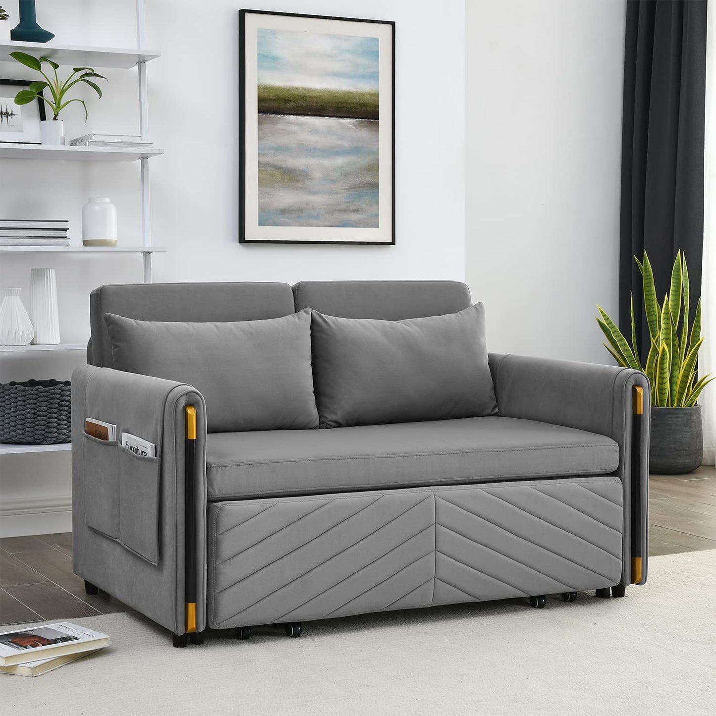 Muumblus 54" Pull Out Sleeper Sofa, Modern Velvet Convertible Loveseat Sleeper with Pull Out Bed for Living Room, Grey