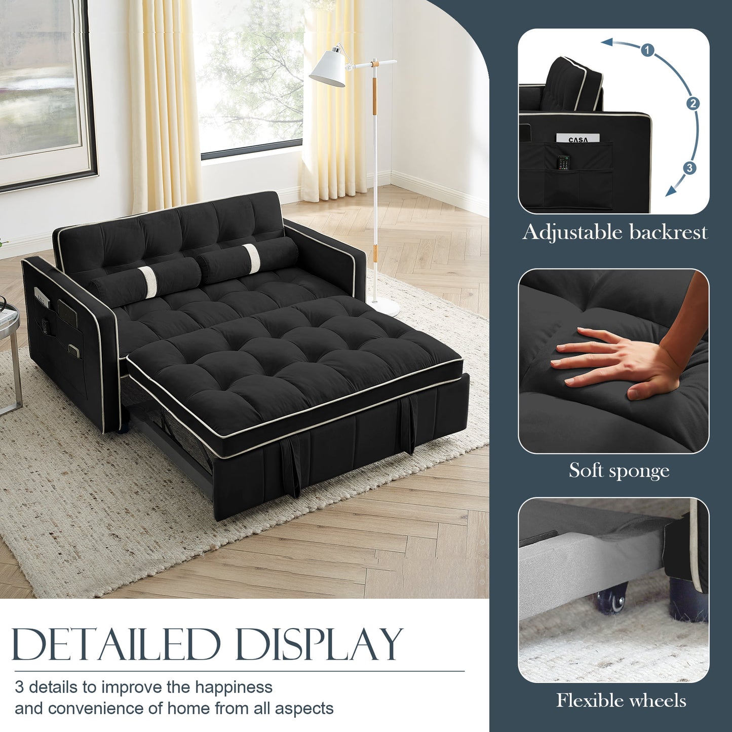 Muumblus 55.5" Pull Out Sleep Sofa Bed 2 Seater Loveseats Convertible Futon Sofa Bed with Adjsutable Backrest, Modern Velvet Sofa Couch for Living Room, Black