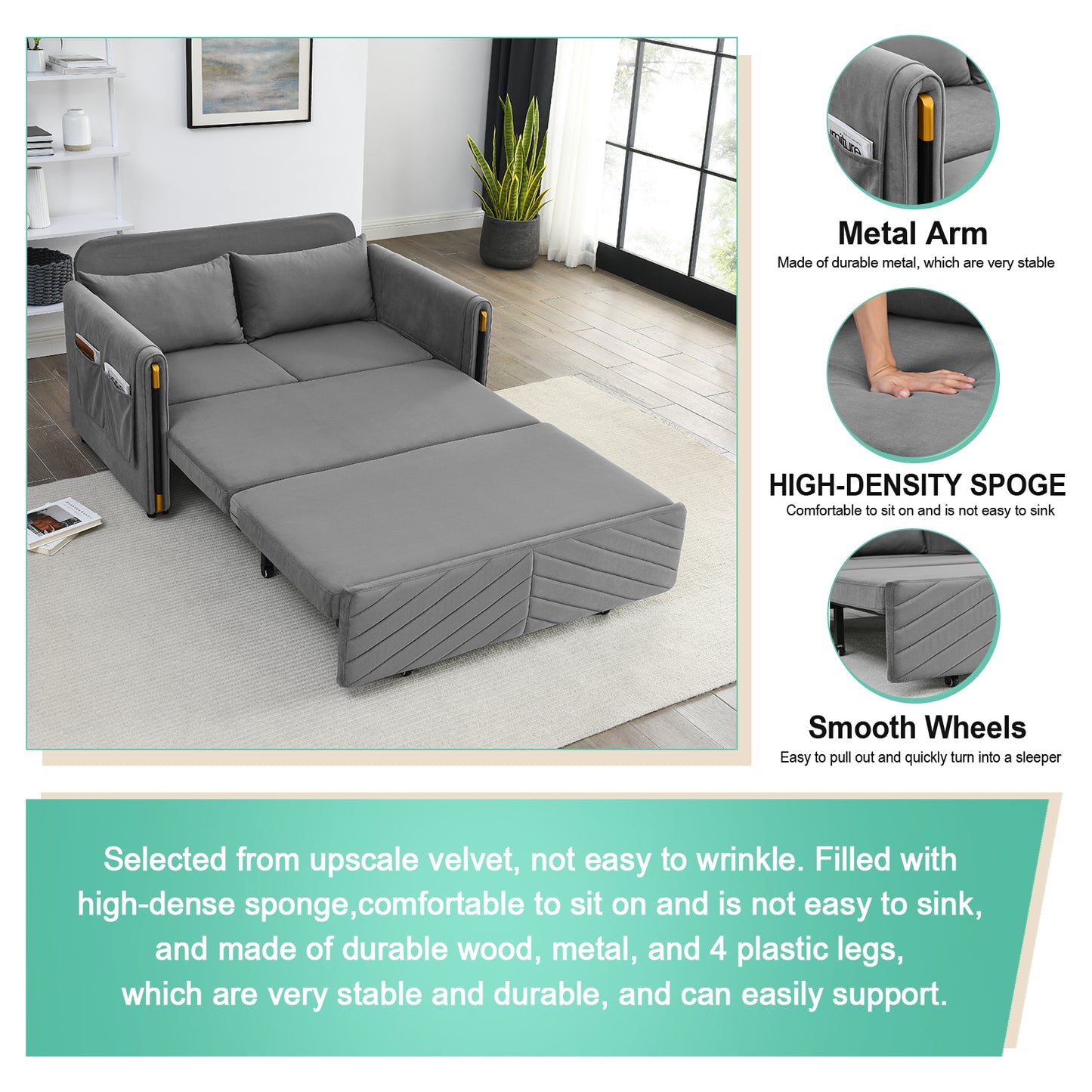 Muumblus 54" Pull Out Sleeper Sofa, Modern Velvet Convertible Loveseat Sleeper with Pull Out Bed for Living Room, Grey