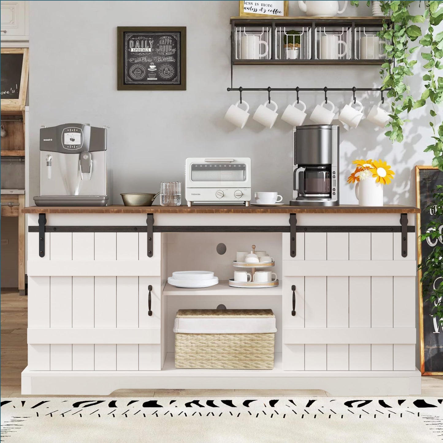 Muumblus Farmhouse Sliding Barn Door TV Stand, Wood TV Console for up to 80 TV, White