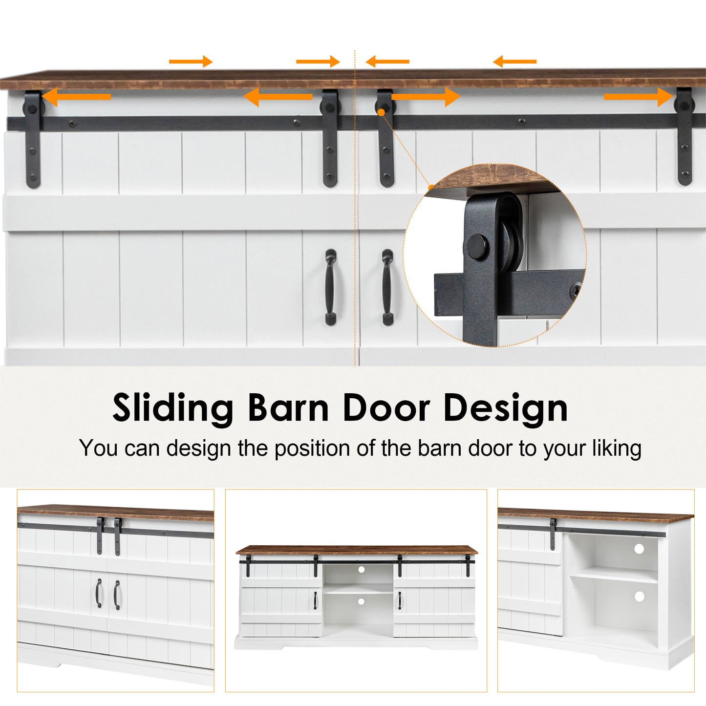 Muumblus Farmhouse Sliding Barn Door TV Stand, Wood TV Console for up to 80 TV, White