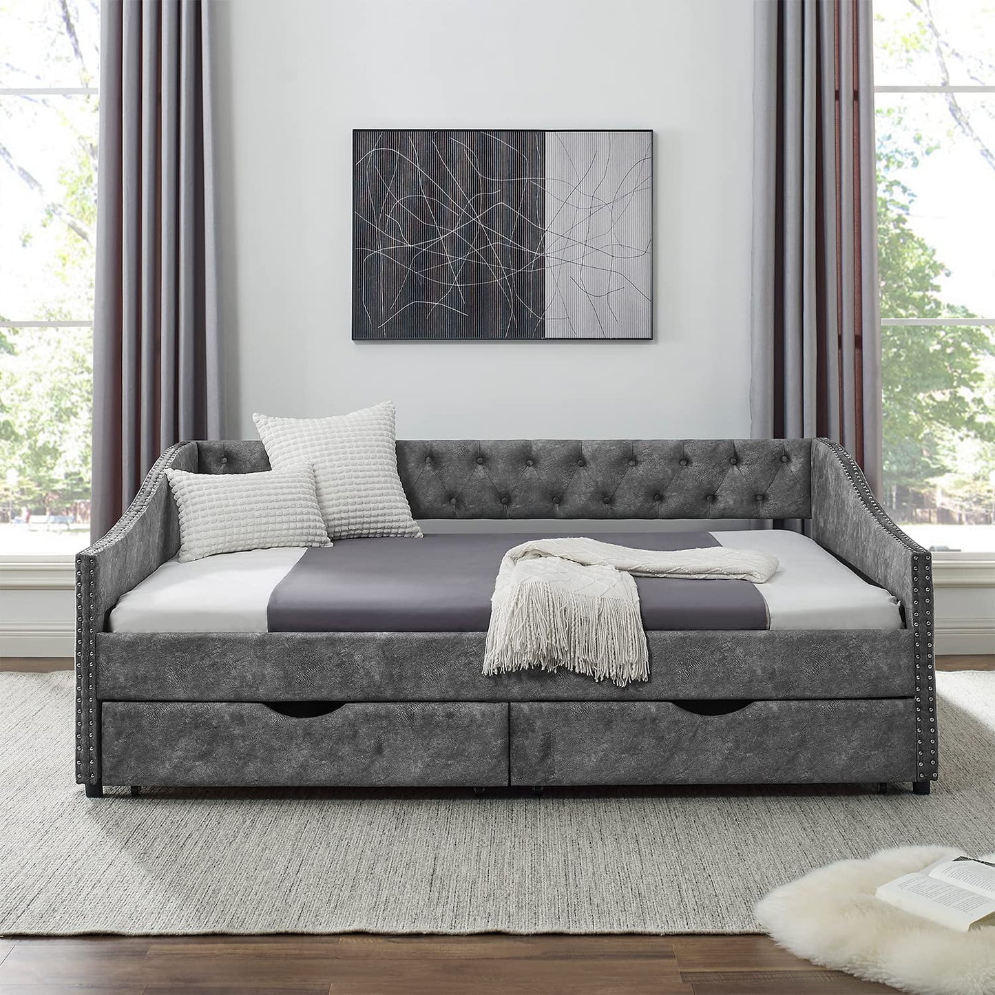 Muumblus Full Size Adult Daybed with Drawers, Modern Upholstered Tufted Sofa Bed for Bedroom & Living Room, Button Back and Waved Shape Arms, Gray