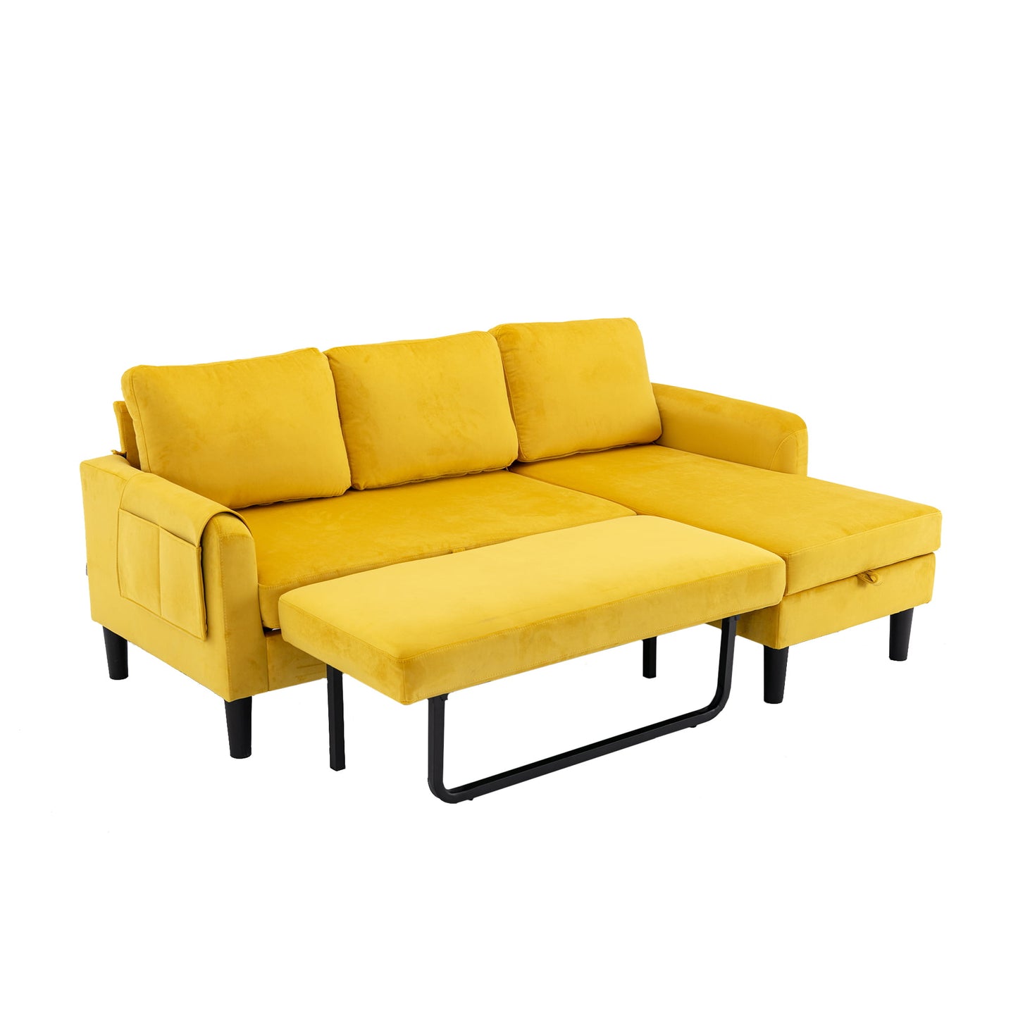 Muumblus Sectional Sleeper Sofa with Pull Out Bed, Modern Sectional Sofa with Storage Shaise, Queen Size Pull Out Sofa Bed for Living Room, Yellow Fabric