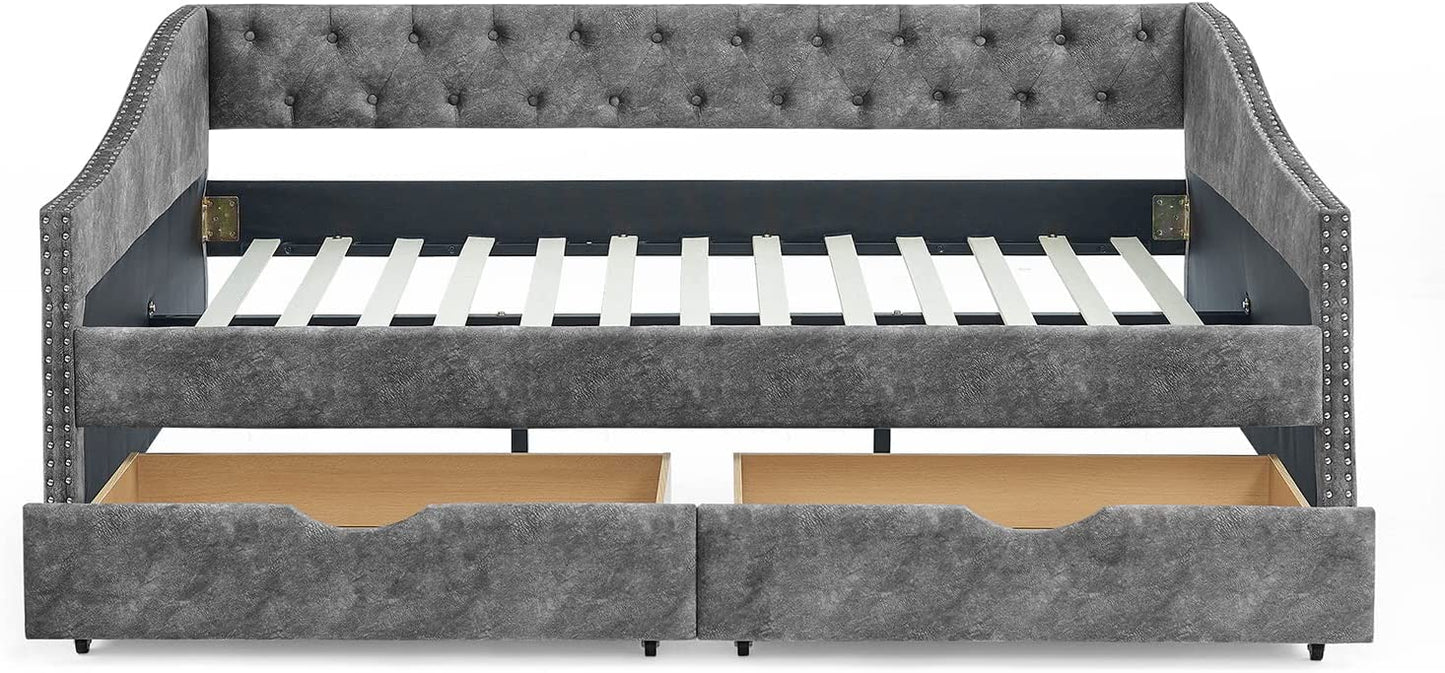 Muumblus Full Size Adult Daybed with Drawers, Modern Upholstered Tufted Sofa Bed for Bedroom & Living Room, Button Back and Waved Shape Arms, Gray