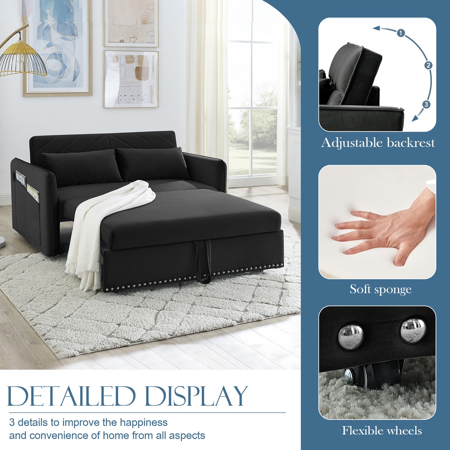 Muumblus 55" Pull Out Sofa Bed, Convertible Sleeper Loveseat with USB Ports, Modern Velvet Small Love Seat Futon Sofa for Living Room, Adjsutable Backrest