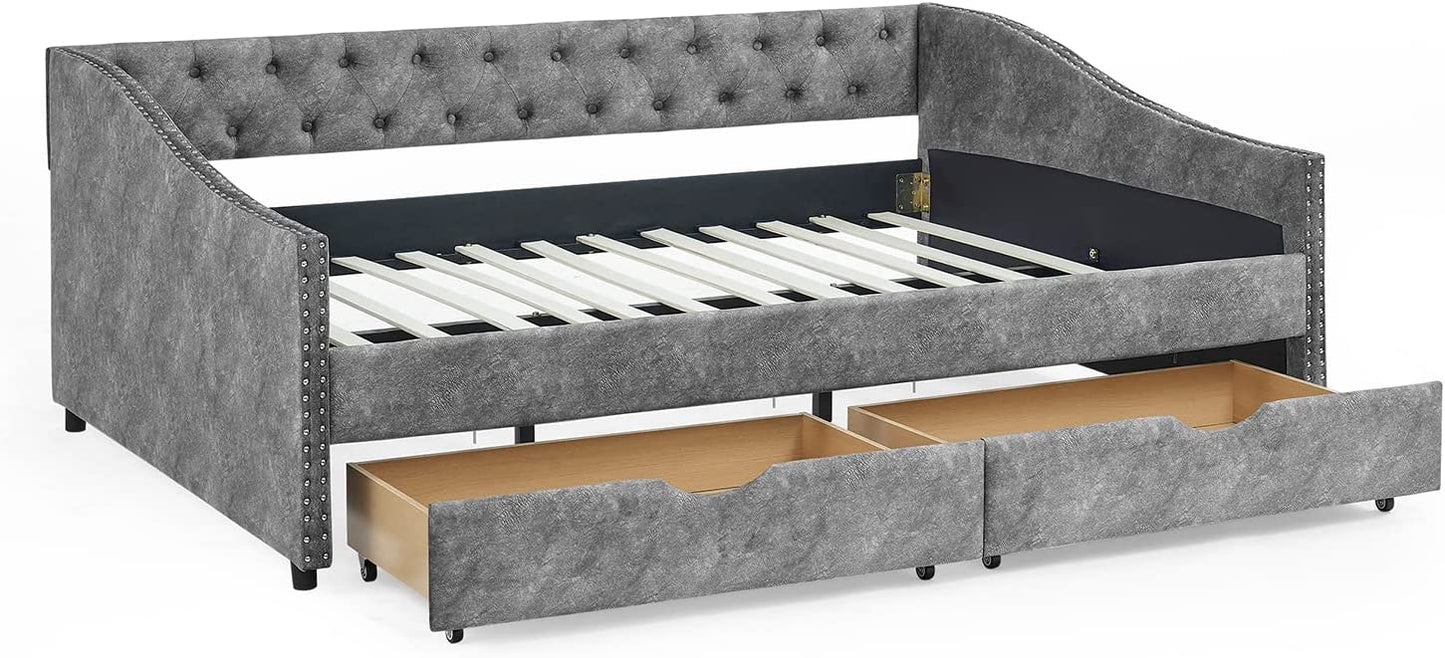 Muumblus Full Size Adult Daybed with Drawers, Modern Upholstered Tufted Sofa Bed for Bedroom & Living Room, Button Back and Waved Shape Arms, Gray
