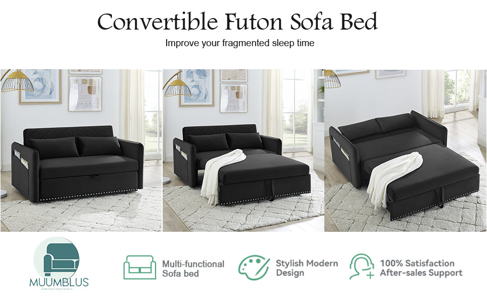 Muumblus 55" Pull Out Sofa Bed, Convertible Sleeper Loveseat with USB Ports, Modern Velvet Small Love Seat Futon Sofa for Living Room, Adjsutable Backrest